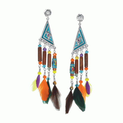 Серьги из тигрового глаза, дерева Сибукао, говлита, перьев и Swarovski KIMYA 12-62724