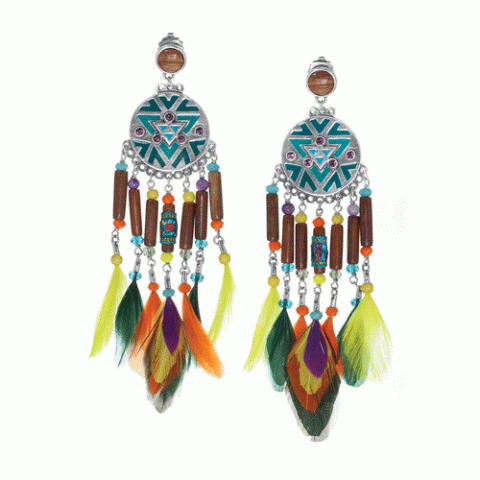 Серьги из тигрового глаза, дерева Сибукао, говлита, перьев и Swarovski KIMYA 12-62725