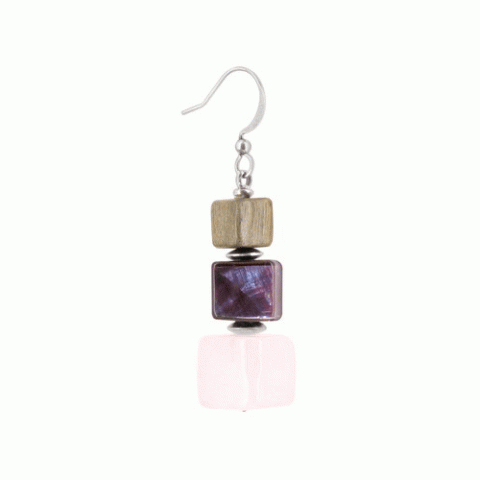 Серьги из розового кварца и серого эбенового дерева PRISMES 3 cubes ER / rose quartz 