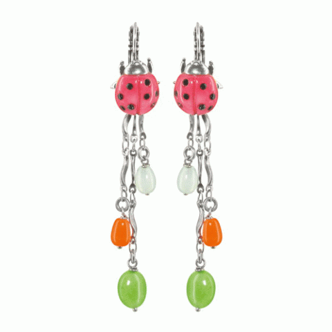 Серьги из розового нефрита и стекляруса ECHAPPEE BUCOLIQUE ladybug ER w/ 3 dangles