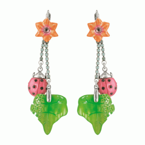Серьги из розового нефрита и стекляруса ECHAPPEE BUCOLIQUE flower FH w/ strassed chain