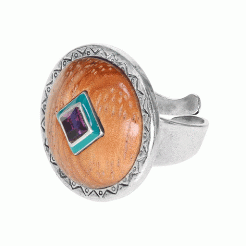 Кольцо из тигрового глаза, дерева Сибукао, говлита, перьев и Swarovski KIMYA 19-61286
