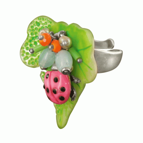Кольцо из розового нефрита и стекляруса ECHAPPEE BUCOLIQUE green leaf ring